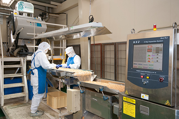 選別機による選別 （SORTEX-A 光学式複合選別機）